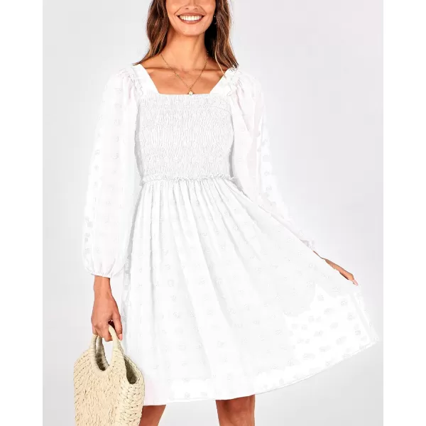BTFBM Women Square Neck Smocked Dresses 2024 Summer Fall Long Sleeve Floral Swiss Dot Ruffle Party Mini Boho DressSwiss Dot White