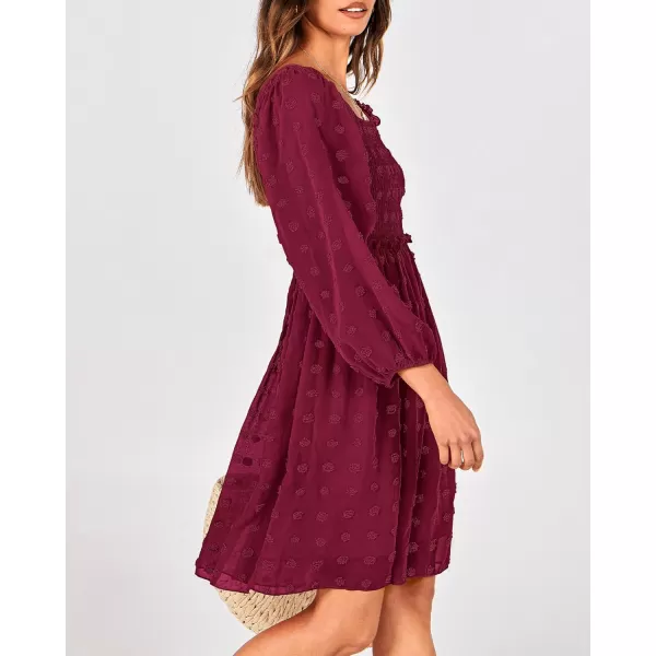 BTFBM Women Square Neck Smocked Dresses 2024 Summer Fall Long Sleeve Floral Swiss Dot Ruffle Party Mini Boho DressSwiss Dot Wine Red