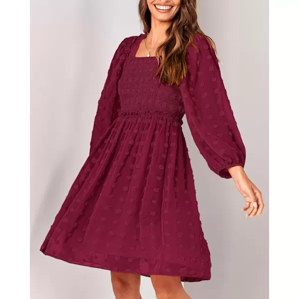 BTFBM Women Square Neck Smocked Dresses 2024 Summer Fall Long Sleeve Floral Swiss Dot Ruffle Party Mini Boho DressSwiss Dot Wine Red