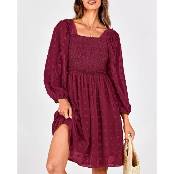 BTFBM Women Square Neck Smocked Dresses 2024 Summer Fall Long Sleeve Floral Swiss Dot Ruffle Party Mini Boho DressSwiss Dot Wine Red