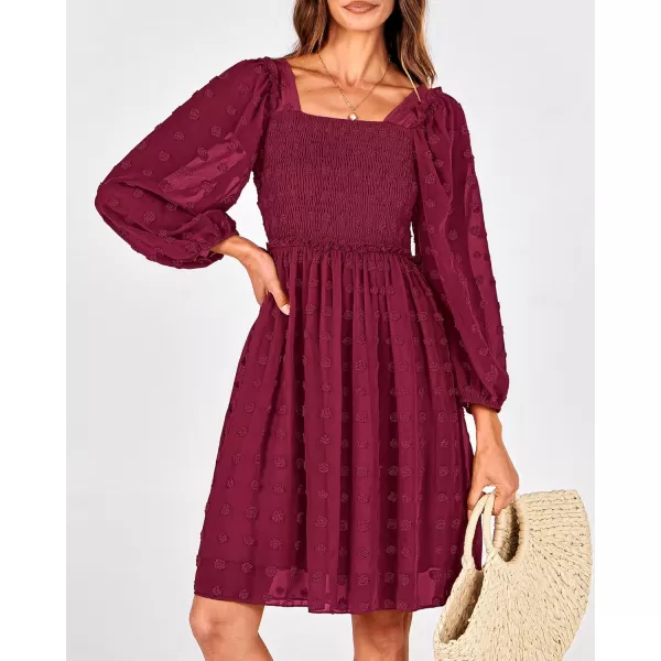 BTFBM Women Square Neck Smocked Dresses 2024 Summer Fall Long Sleeve Floral Swiss Dot Ruffle Party Mini Boho DressSwiss Dot Wine Red