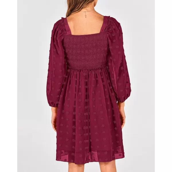 BTFBM Women Square Neck Smocked Dresses 2024 Summer Fall Long Sleeve Floral Swiss Dot Ruffle Party Mini Boho DressSwiss Dot Wine Red