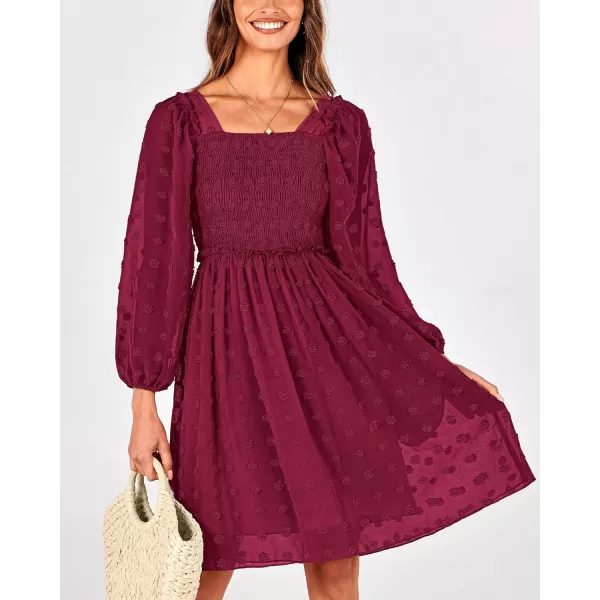 BTFBM Women Square Neck Smocked Dresses 2024 Summer Fall Long Sleeve Floral Swiss Dot Ruffle Party Mini Boho DressSwiss Dot Wine Red