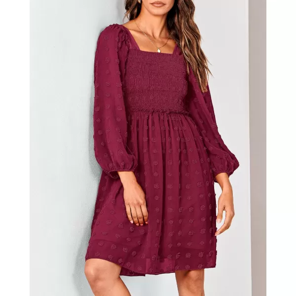 BTFBM Women Square Neck Smocked Dresses 2024 Summer Fall Long Sleeve Floral Swiss Dot Ruffle Party Mini Boho DressSwiss Dot Wine Red