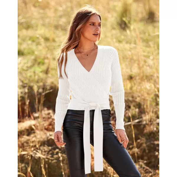 BTFBM Women Wrap Deep V Neck Cropped Sweaters Long Sleeve High Waist Tie Front Slim Fit Ribbed Knit Pullover Sweater TopSolid Beige White