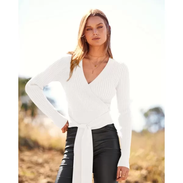 BTFBM Women Wrap Deep V Neck Cropped Sweaters Long Sleeve High Waist Tie Front Slim Fit Ribbed Knit Pullover Sweater TopSolid Beige White