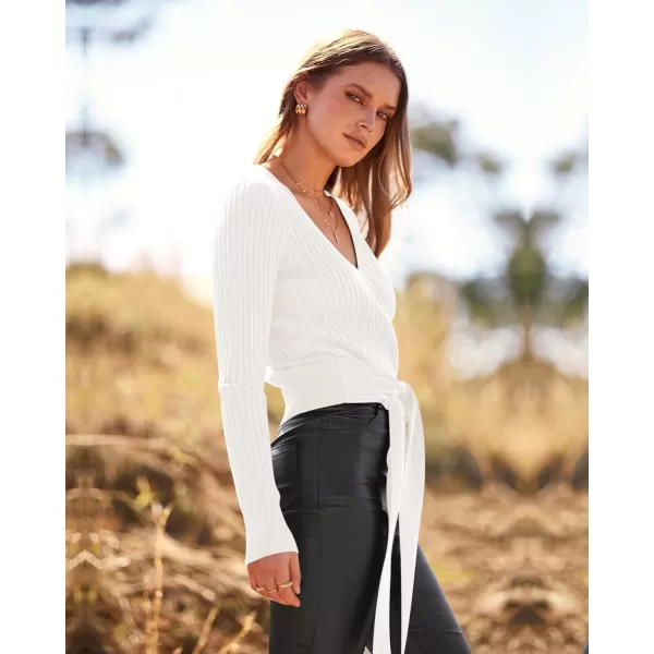 BTFBM Women Wrap Deep V Neck Cropped Sweaters Long Sleeve High Waist Tie Front Slim Fit Ribbed Knit Pullover Sweater TopSolid Beige White