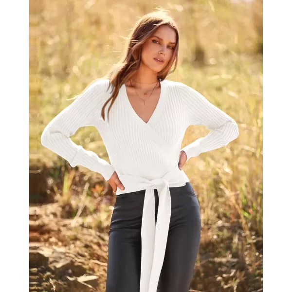 BTFBM Women Wrap Deep V Neck Cropped Sweaters Long Sleeve High Waist Tie Front Slim Fit Ribbed Knit Pullover Sweater TopSolid Beige White