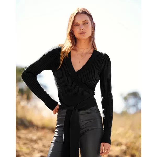 BTFBM Women Wrap Deep V Neck Cropped Sweaters Long Sleeve High Waist Tie Front Slim Fit Ribbed Knit Pullover Sweater TopSolid Black
