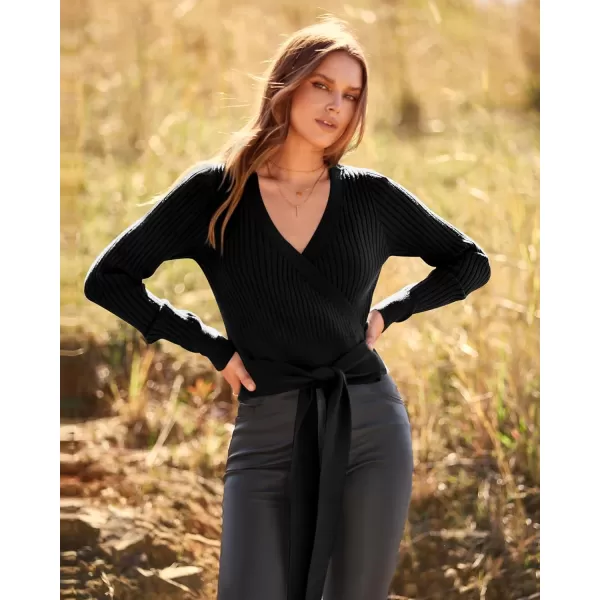 BTFBM Women Wrap Deep V Neck Cropped Sweaters Long Sleeve High Waist Tie Front Slim Fit Ribbed Knit Pullover Sweater TopSolid Black