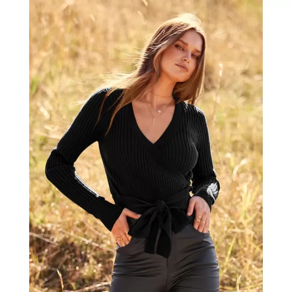 BTFBM Women Wrap Deep V Neck Cropped Sweaters Long Sleeve High Waist Tie Front Slim Fit Ribbed Knit Pullover Sweater TopSolid Black
