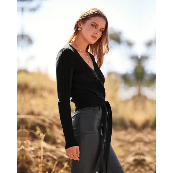 BTFBM Women Wrap Deep V Neck Cropped Sweaters Long Sleeve High Waist Tie Front Slim Fit Ribbed Knit Pullover Sweater TopSolid Black
