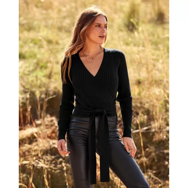 BTFBM Women Wrap Deep V Neck Cropped Sweaters Long Sleeve High Waist Tie Front Slim Fit Ribbed Knit Pullover Sweater TopSolid Black
