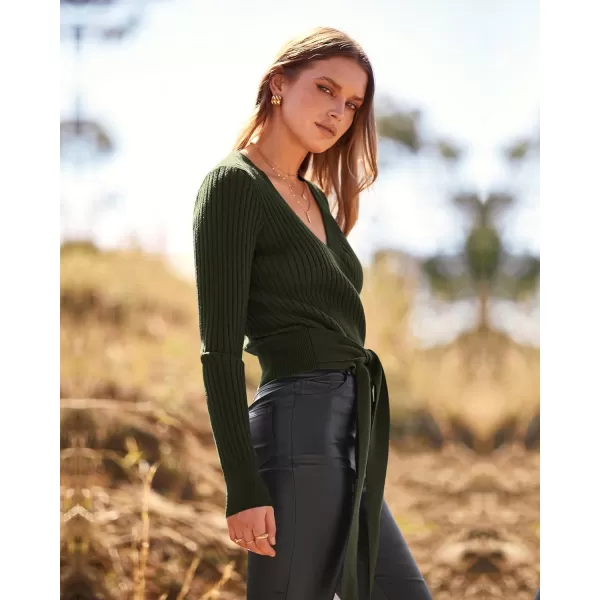 BTFBM Women Wrap Deep V Neck Cropped Sweaters Long Sleeve High Waist Tie Front Slim Fit Ribbed Knit Pullover Sweater TopSolid Dark Army Green