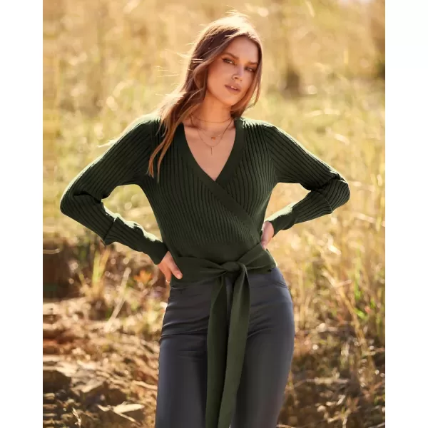 BTFBM Women Wrap Deep V Neck Cropped Sweaters Long Sleeve High Waist Tie Front Slim Fit Ribbed Knit Pullover Sweater TopSolid Dark Army Green