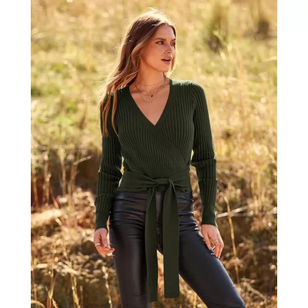 BTFBM Women Wrap Deep V Neck Cropped Sweaters Long Sleeve High Waist Tie Front Slim Fit Ribbed Knit Pullover Sweater TopSolid Dark Army Green