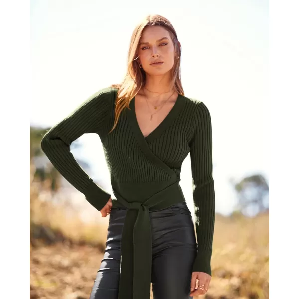 BTFBM Women Wrap Deep V Neck Cropped Sweaters Long Sleeve High Waist Tie Front Slim Fit Ribbed Knit Pullover Sweater TopSolid Dark Army Green