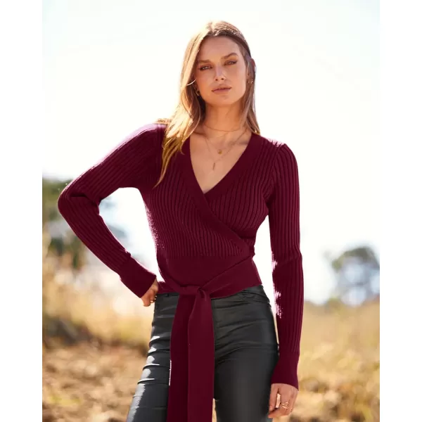 BTFBM Women Wrap Deep V Neck Cropped Sweaters Long Sleeve High Waist Tie Front Slim Fit Ribbed Knit Pullover Sweater TopSolid Dark Wine Red