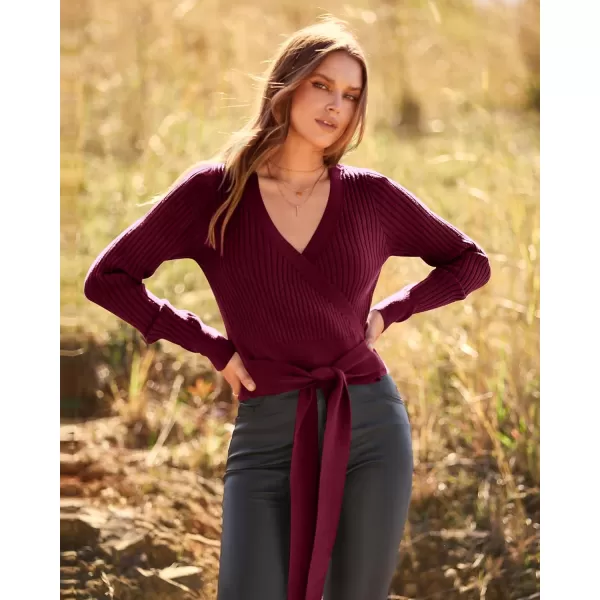 BTFBM Women Wrap Deep V Neck Cropped Sweaters Long Sleeve High Waist Tie Front Slim Fit Ribbed Knit Pullover Sweater TopSolid Dark Wine Red