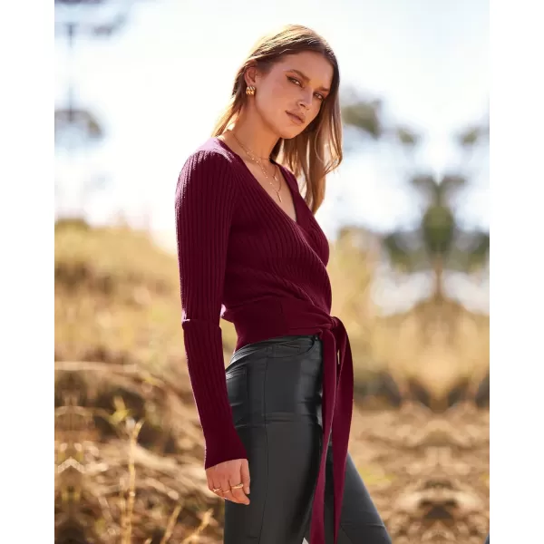 BTFBM Women Wrap Deep V Neck Cropped Sweaters Long Sleeve High Waist Tie Front Slim Fit Ribbed Knit Pullover Sweater TopSolid Dark Wine Red