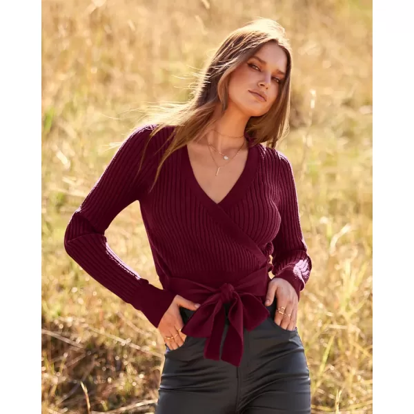 BTFBM Women Wrap Deep V Neck Cropped Sweaters Long Sleeve High Waist Tie Front Slim Fit Ribbed Knit Pullover Sweater TopSolid Dark Wine Red