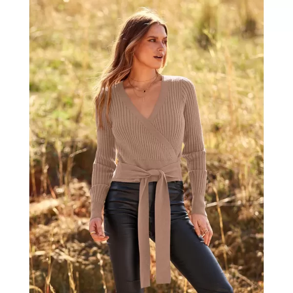 BTFBM Women Wrap Deep V Neck Cropped Sweaters Long Sleeve High Waist Tie Front Slim Fit Ribbed Knit Pullover Sweater TopSolid Khaki