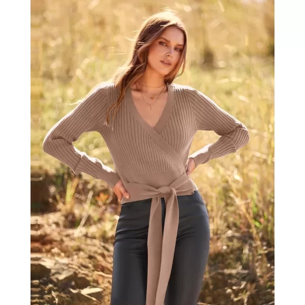BTFBM Women Wrap Deep V Neck Cropped Sweaters Long Sleeve High Waist Tie Front Slim Fit Ribbed Knit Pullover Sweater TopSolid Khaki