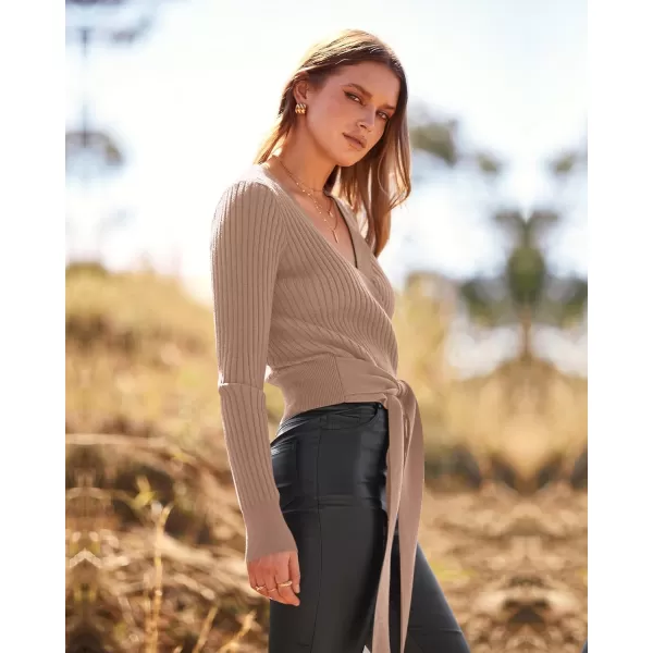 BTFBM Women Wrap Deep V Neck Cropped Sweaters Long Sleeve High Waist Tie Front Slim Fit Ribbed Knit Pullover Sweater TopSolid Khaki