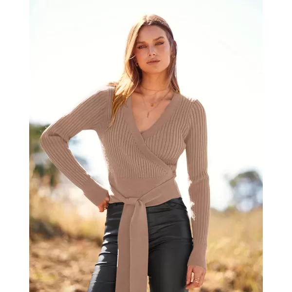 BTFBM Women Wrap Deep V Neck Cropped Sweaters Long Sleeve High Waist Tie Front Slim Fit Ribbed Knit Pullover Sweater TopSolid Khaki