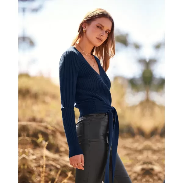 BTFBM Women Wrap Deep V Neck Cropped Sweaters Long Sleeve High Waist Tie Front Slim Fit Ribbed Knit Pullover Sweater TopSolid Navy