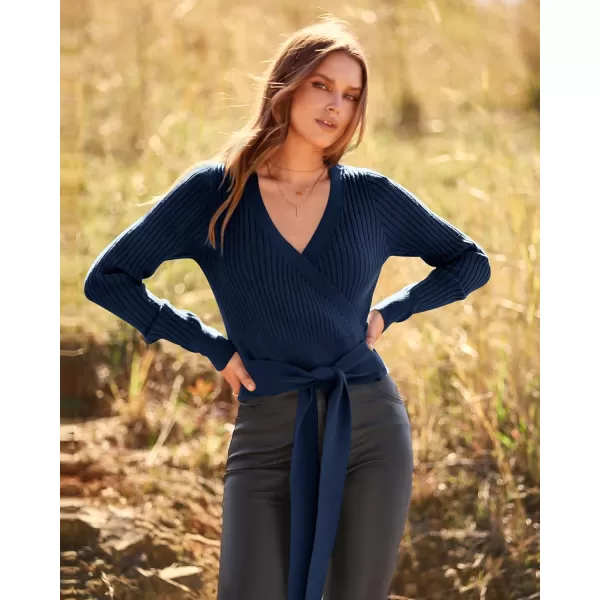 BTFBM Women Wrap Deep V Neck Cropped Sweaters Long Sleeve High Waist Tie Front Slim Fit Ribbed Knit Pullover Sweater TopSolid Navy