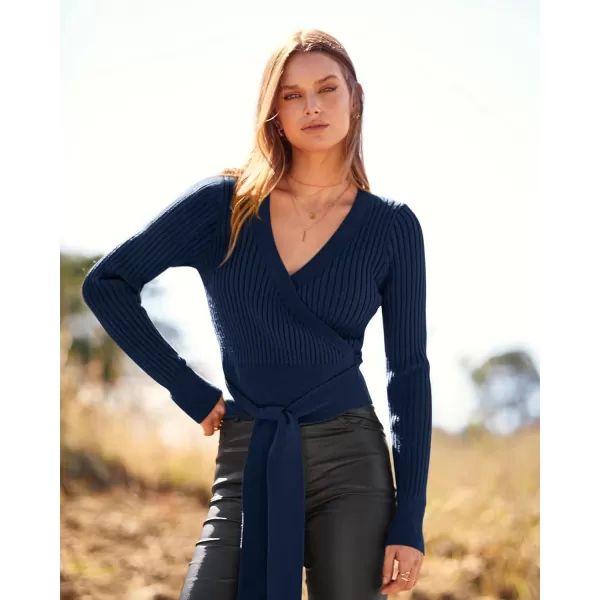BTFBM Women Wrap Deep V Neck Cropped Sweaters Long Sleeve High Waist Tie Front Slim Fit Ribbed Knit Pullover Sweater TopSolid Navy