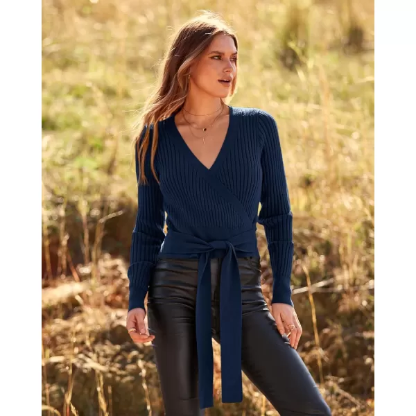 BTFBM Women Wrap Deep V Neck Cropped Sweaters Long Sleeve High Waist Tie Front Slim Fit Ribbed Knit Pullover Sweater TopSolid Navy
