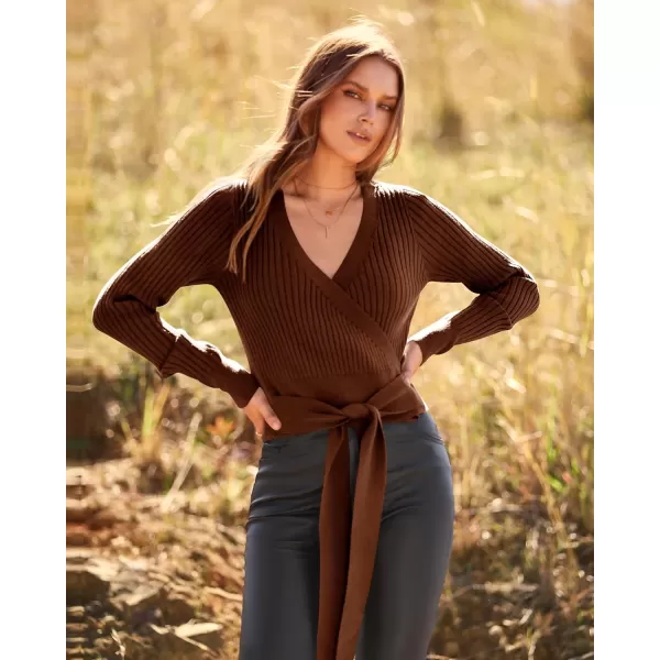 BTFBM Women Wrap Deep V Neck Cropped Sweaters Long Sleeve High Waist Tie Front Slim Fit Ribbed Knit Pullover Sweater TopSolid Red Brown