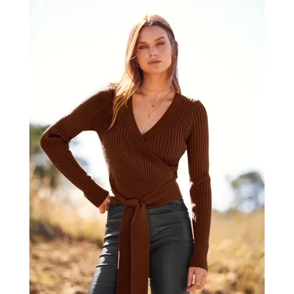 BTFBM Women Wrap Deep V Neck Cropped Sweaters Long Sleeve High Waist Tie Front Slim Fit Ribbed Knit Pullover Sweater TopSolid Red Brown
