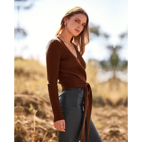 BTFBM Women Wrap Deep V Neck Cropped Sweaters Long Sleeve High Waist Tie Front Slim Fit Ribbed Knit Pullover Sweater TopSolid Red Brown