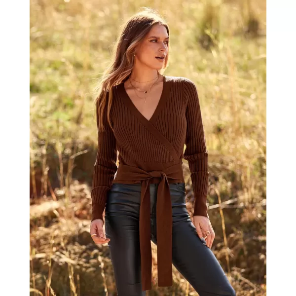 BTFBM Women Wrap Deep V Neck Cropped Sweaters Long Sleeve High Waist Tie Front Slim Fit Ribbed Knit Pullover Sweater TopSolid Red Brown