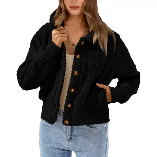 BTFBM Womens Button Down Sherpa Shacket Jacket Long Sleeve Faux Fur Warm Fall Winter Outwear Fuzzy Fleece Short CoatsSolid Black