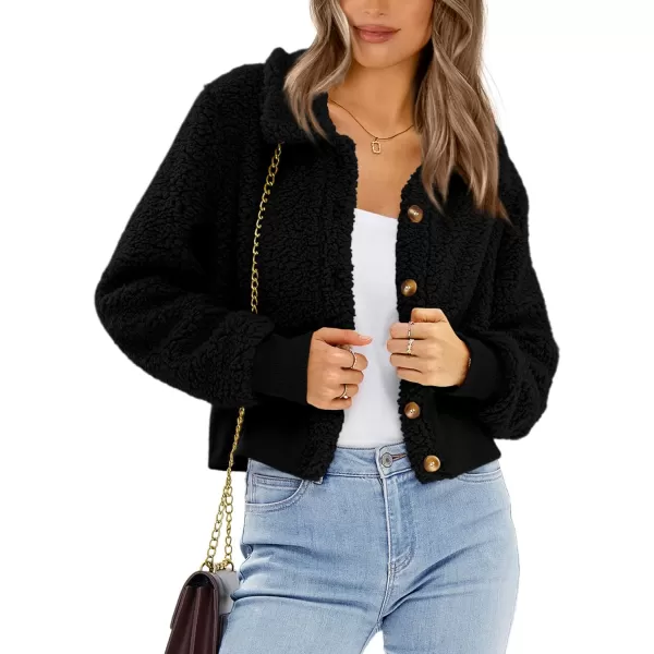 BTFBM Womens Button Down Sherpa Shacket Jacket Long Sleeve Faux Fur Warm Fall Winter Outwear Fuzzy Fleece Short CoatsSolid Black