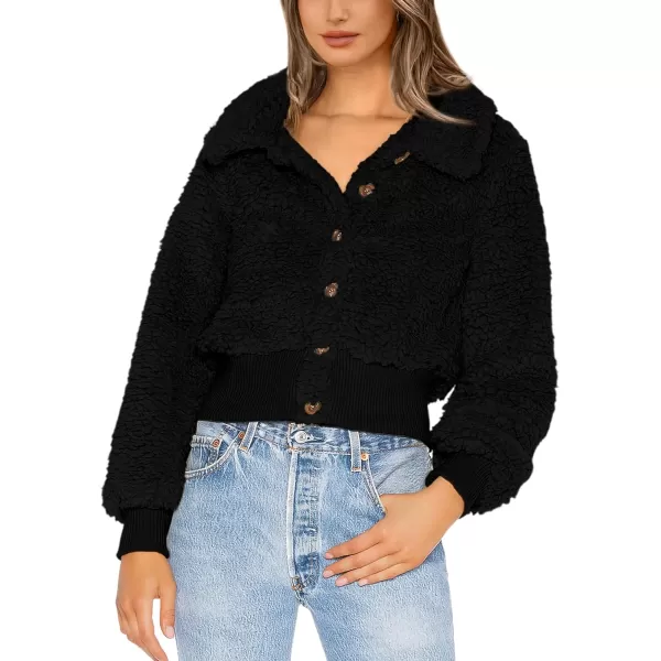 BTFBM Womens Button Down Sherpa Shacket Jacket Long Sleeve Faux Fur Warm Fall Winter Outwear Fuzzy Fleece Short CoatsSolid Black