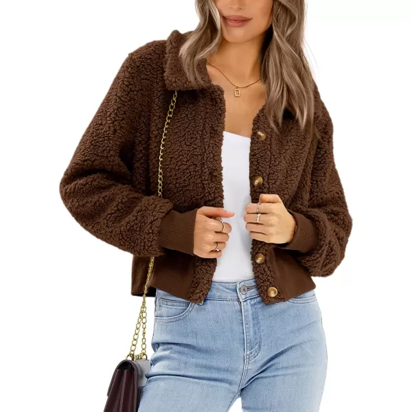 BTFBM Womens Button Down Sherpa Shacket Jacket Long Sleeve Faux Fur Warm Fall Winter Outwear Fuzzy Fleece Short CoatsSolid Coffee