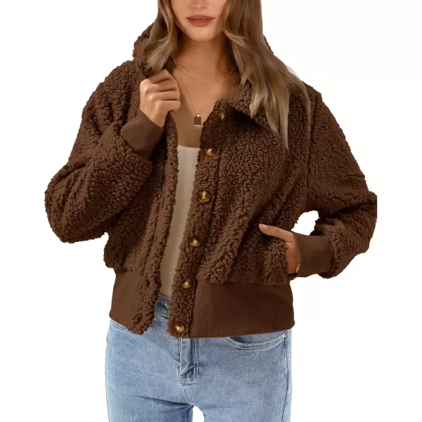 BTFBM Womens Button Down Sherpa Shacket Jacket Long Sleeve Faux Fur Warm Fall Winter Outwear Fuzzy Fleece Short CoatsSolid Coffee