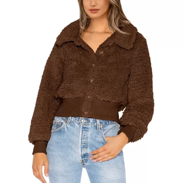 BTFBM Womens Button Down Sherpa Shacket Jacket Long Sleeve Faux Fur Warm Fall Winter Outwear Fuzzy Fleece Short CoatsSolid Coffee