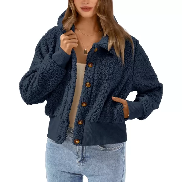 BTFBM Womens Button Down Sherpa Shacket Jacket Long Sleeve Faux Fur Warm Fall Winter Outwear Fuzzy Fleece Short CoatsSolid Dark Blue