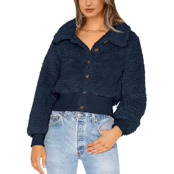BTFBM Womens Button Down Sherpa Shacket Jacket Long Sleeve Faux Fur Warm Fall Winter Outwear Fuzzy Fleece Short CoatsSolid Dark Blue