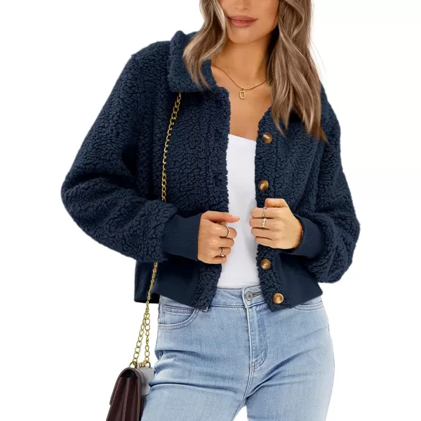 BTFBM Womens Button Down Sherpa Shacket Jacket Long Sleeve Faux Fur Warm Fall Winter Outwear Fuzzy Fleece Short CoatsSolid Dark Blue