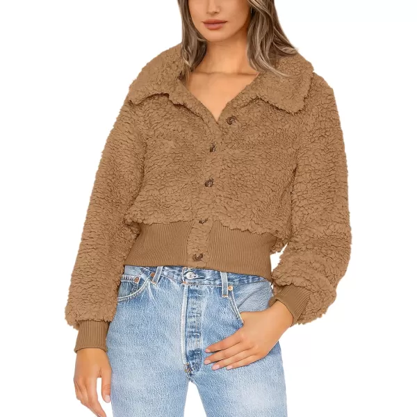 BTFBM Womens Button Down Sherpa Shacket Jacket Long Sleeve Faux Fur Warm Fall Winter Outwear Fuzzy Fleece Short CoatsSolid Khaki
