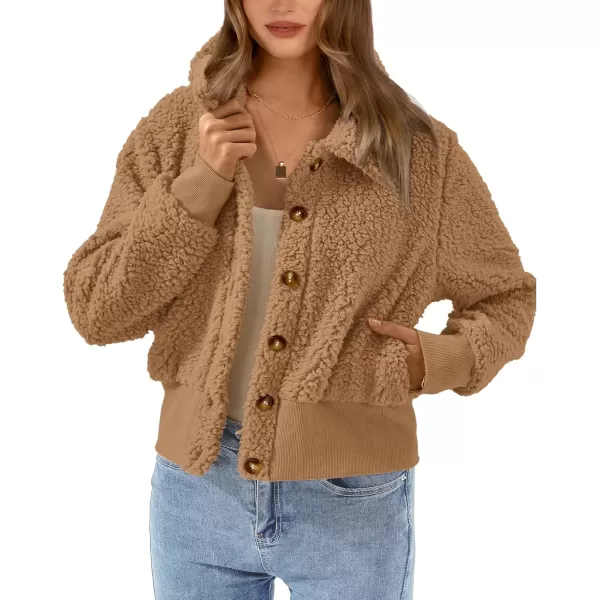 BTFBM Womens Button Down Sherpa Shacket Jacket Long Sleeve Faux Fur Warm Fall Winter Outwear Fuzzy Fleece Short CoatsSolid Khaki