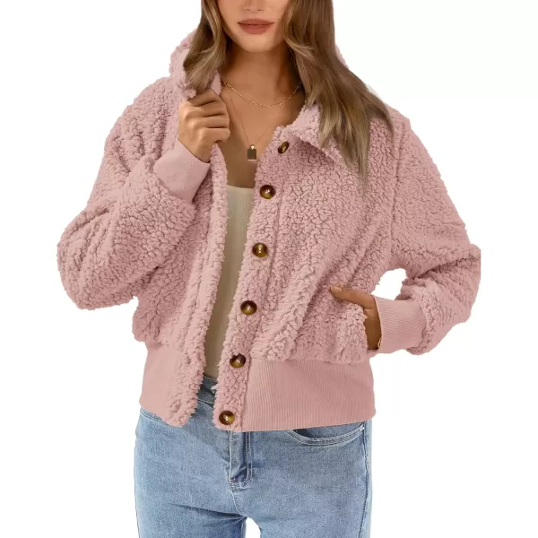 BTFBM Womens Button Down Sherpa Shacket Jacket Long Sleeve Faux Fur Warm Fall Winter Outwear Fuzzy Fleece Short CoatsSolid Shrimp Pink
