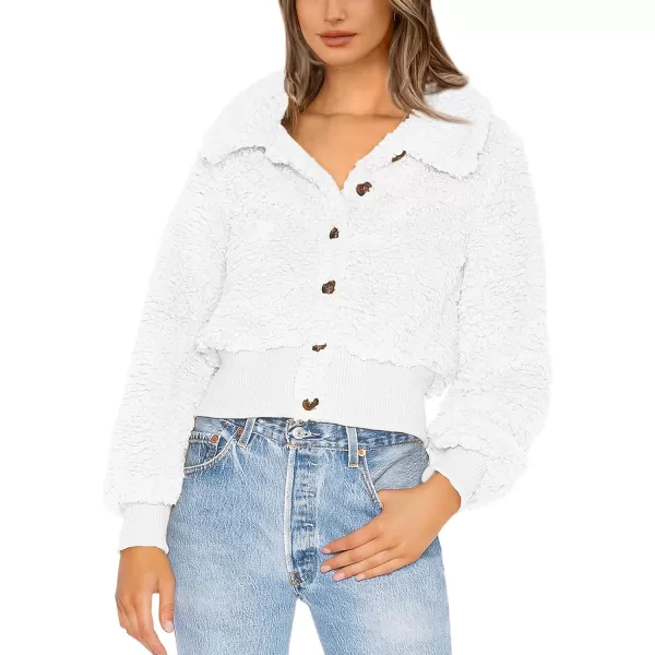 BTFBM Womens Button Down Sherpa Shacket Jacket Long Sleeve Faux Fur Warm Fall Winter Outwear Fuzzy Fleece Short CoatsSolid White